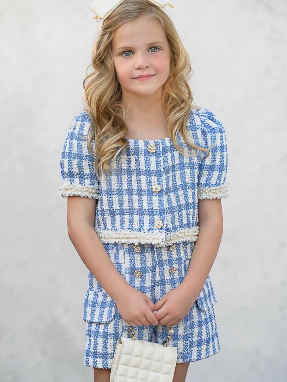 Mia Belle Girls Pearl Puff Sleeve Tweed Top and Short Set Size 4/5T